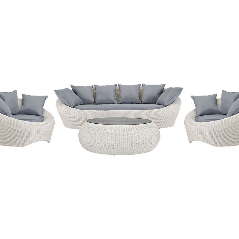 Salon ogrodowy z technorattanu w kolorze Kość słoniowa: kanapa, 2 fotele i niski stół - WHITEHEAVEN