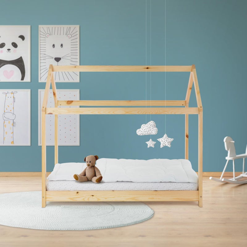 ML-Design łóżko domek z dachem 70x140 cm naturalny z materacem i ramą z listew z drewna sosnowego stabilne łóżko domowe dla dziewczynek i chłopców