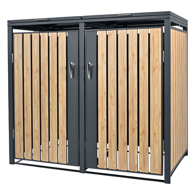 ML-Design pojemnik na śmieci 240L 132x80x116,3 cm stalowy antracytowy wygląd modrzewia odporny na warunki atmosferyczne uchylna pokrywa do 2 tony