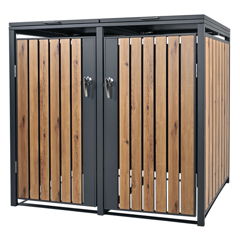 ML-Design pojemnik na śmieci 240L 132x80x116,3 cm stalowy antracytowy wygląd dębu odporny na warunki atmosferyczne uchylna pokrywa do 2 tony
