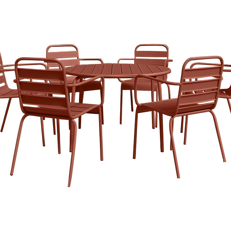 Zestaw mebli ogrodowych jadalnianych z metalu - okrągły stół o śr. 130 cm i 6 sztaplowanych foteli - Terakota - MIRMANDE marki MYLIA