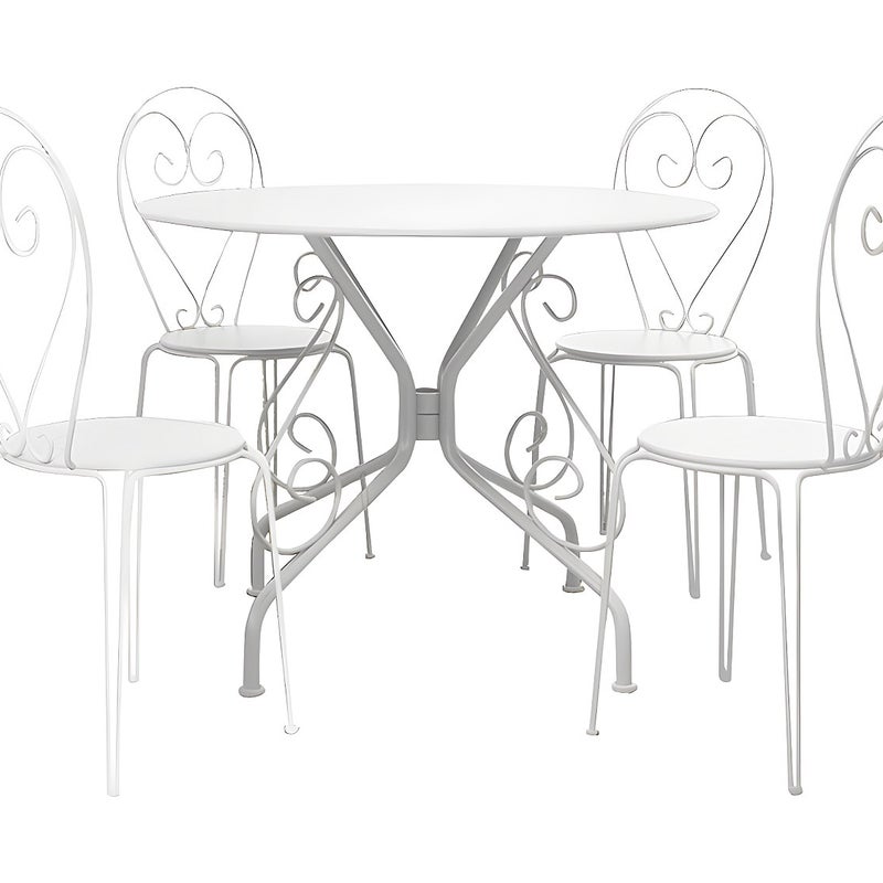 Zestaw mebli ogrodowych z metalu: stół o śr. 120 cm i 4 sztaplowane krzesła z efektem kutego żelaza - Biały - GUERMANTES marki MYLIA