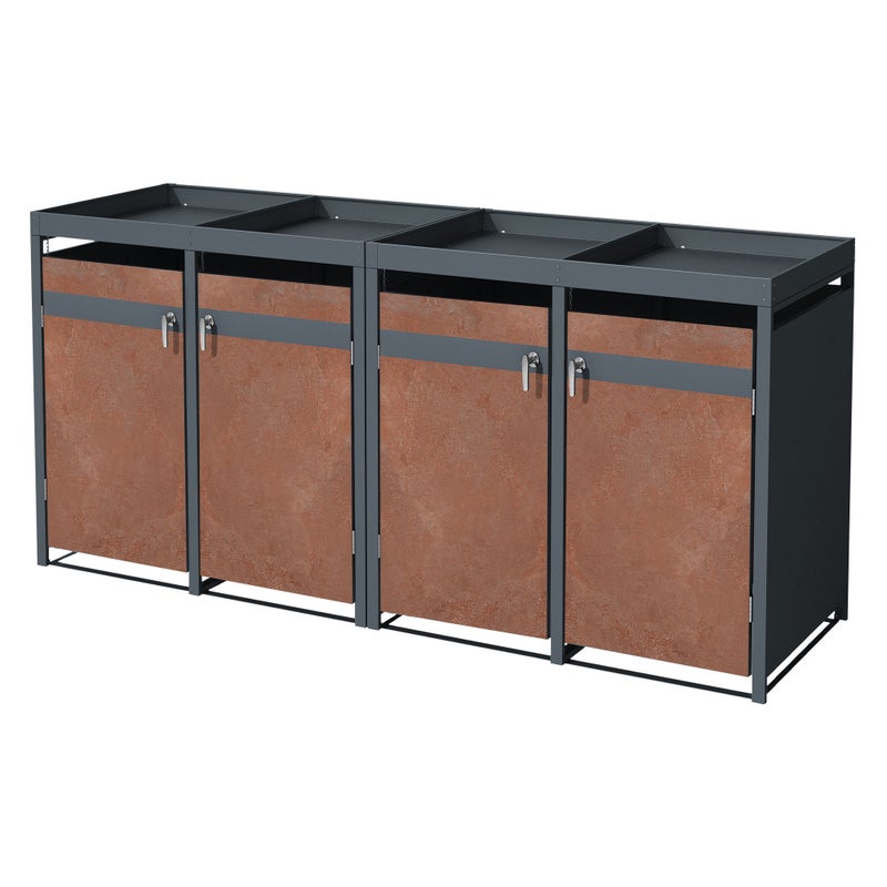 ML-Design pojemnik na śmieci z daszkiem na 4 kosz 240 L 264x80x124 cm stalowy wygląd rdzy zamykany z drzwiczkami odporny na warunki atmosferyczne