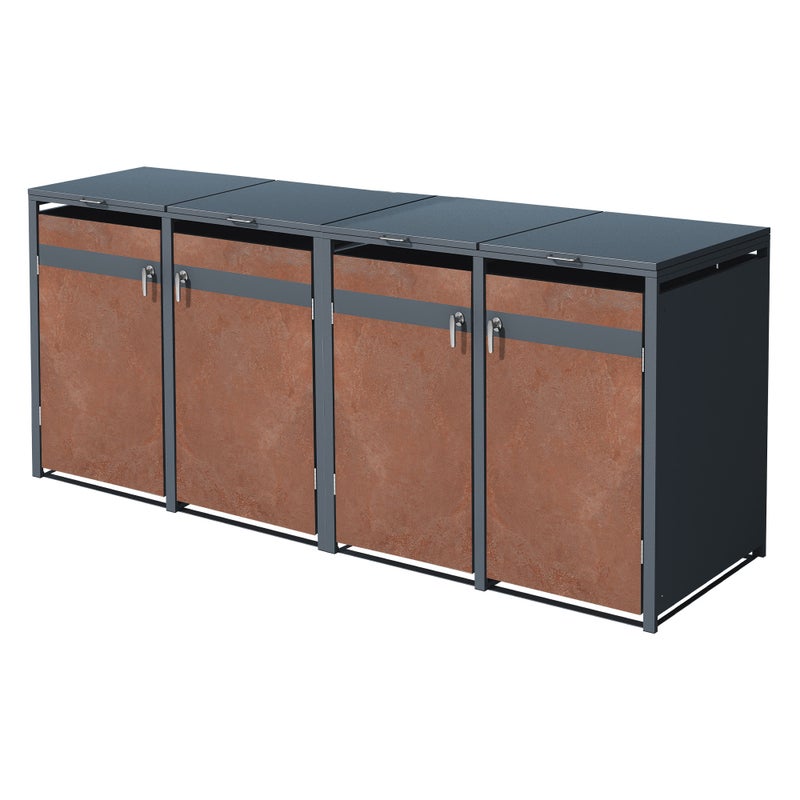 ML-Design pojemnik na śmieci na 4 sztukę 240 L 264x80x116,3 cm antracytowy wygląd rdzy stal kortenowa zamykany z pokrywą i klapą na zawiasach