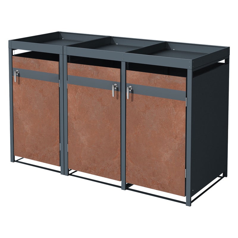 ML-Design pojemnik na śmieci z daszkiem na 3 kosz 240 L 200x80x124 cm stalowy wygląd rdzy zamykany z drzwiczkami odporny na warunki atmosferyczne