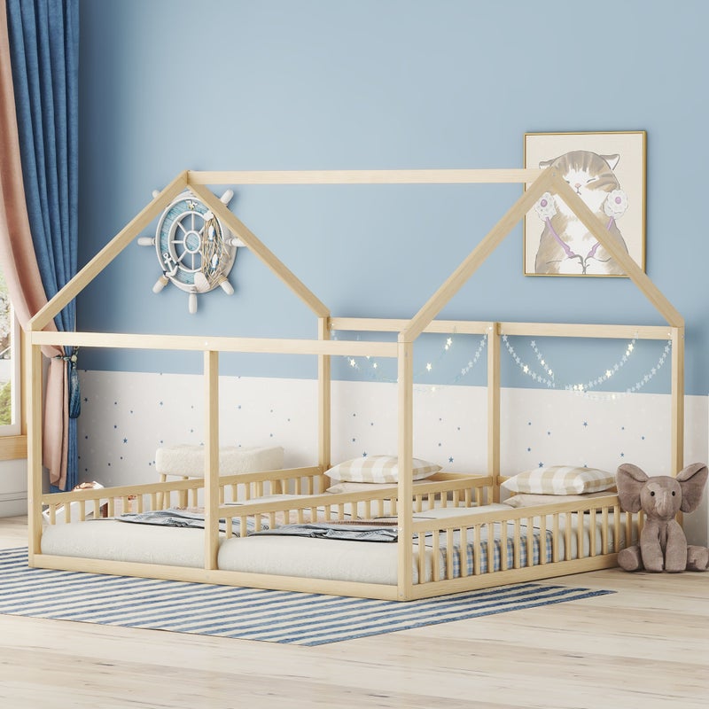 Łóżko kabinowe z drewna sosnowego 2x90x200cm - z dachem i stelażem listwowym - Naturalne