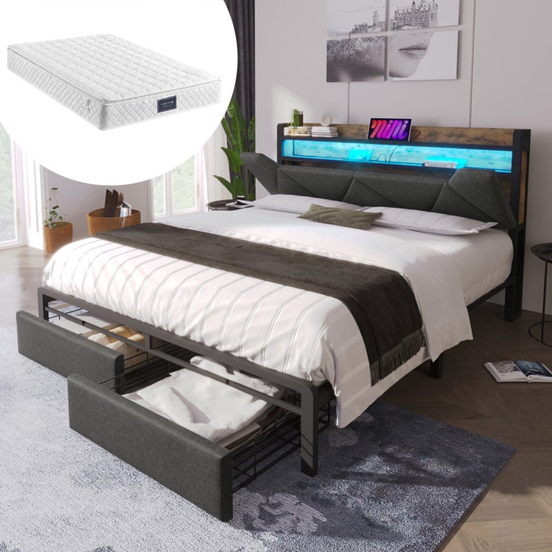 Łóżko dla dorosłych 160 x 200 cm z szufladami i schowkiem na pościel w zagłówku - USB + Typ C + Diody LED - Pościel - Szare + Materac