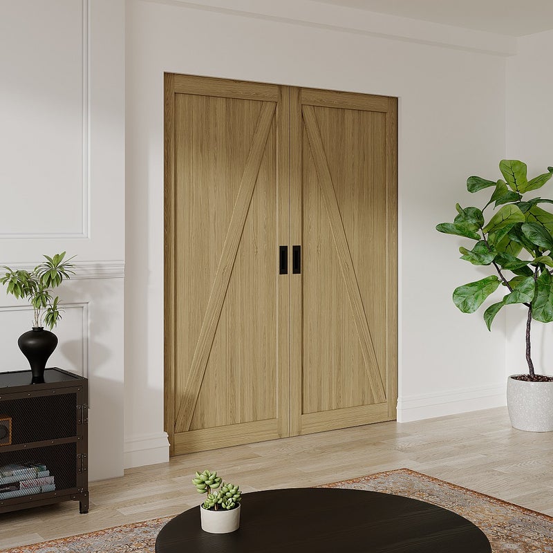 Drzwi przesuwne podwójne chowane w ścianie z drewna i MDF - Naturalny jasny - 2 x wys. 205 x szer. 83 cm - BALERMA
