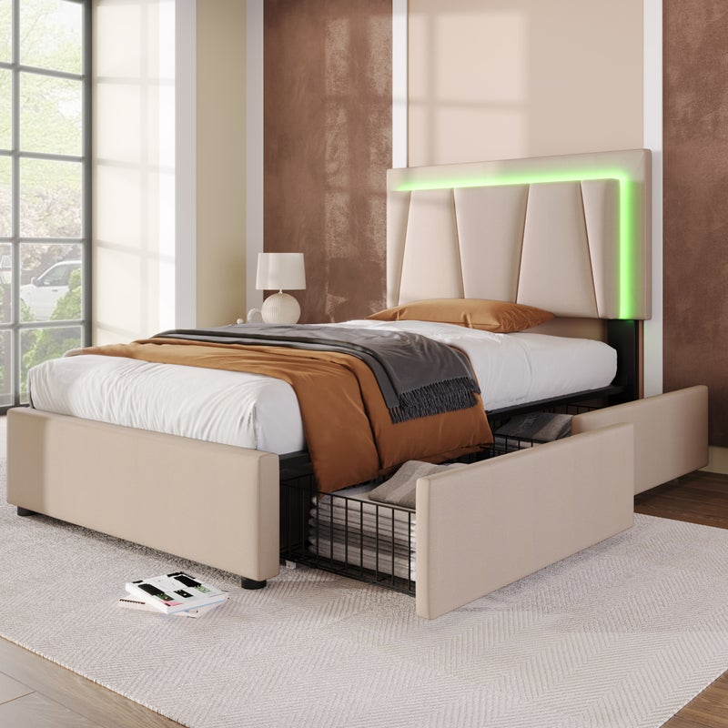 Łóżko tapicerowane 90x200cm w pościeli - z 2 szufladami + LED + podstawa z listew - Beżowy