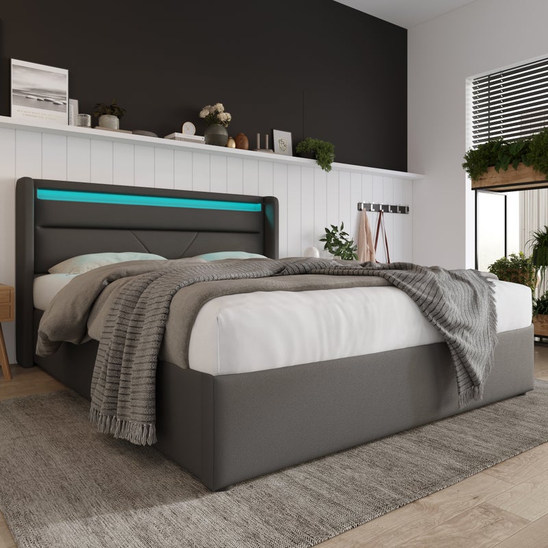 Łóżko skrzyniowe 140x200 cm z imitacji skóry z diodami LED - z listwową podstawą - Szare