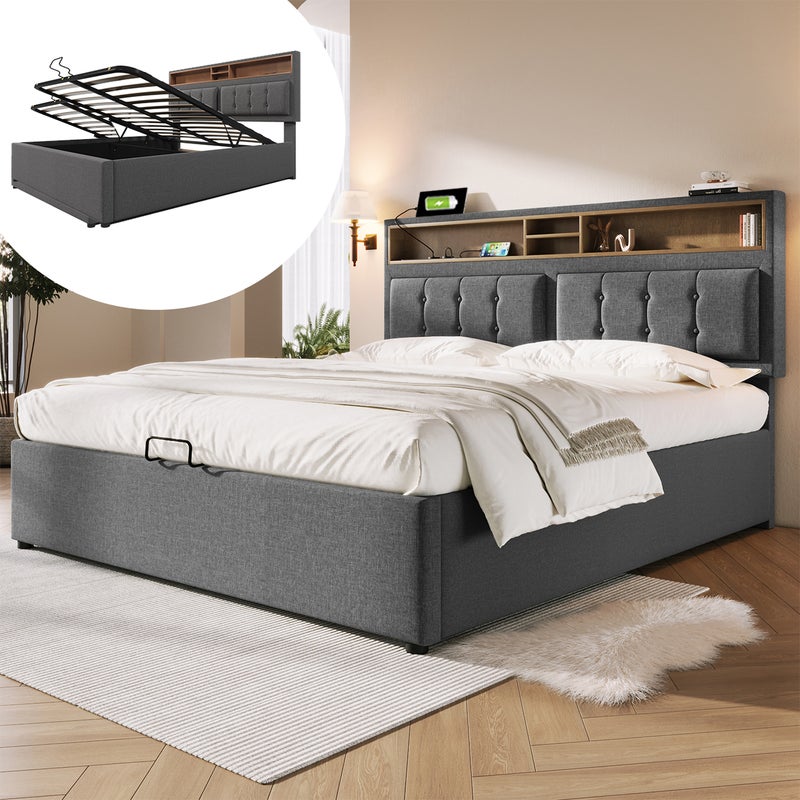 Lniane łóżko skrzyniowe 160x200 cm z portem USB - z regulowanym zagłówkiem i listwową podstawą - Szare