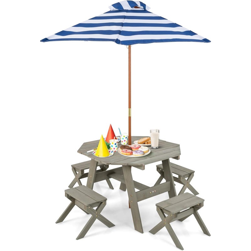 Stół Piknikowy dla Dzieci z 4 Stołkami i Zdejmowanym Parasolem, 1 Stół i 4 Krzesła Ogrodowe z Drewna dla Dzieci Powyżej 3 Lat (Szary)
