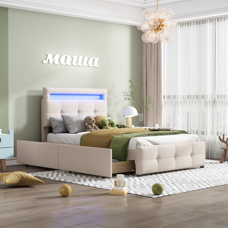 Pojedyncze łóżko 90x200 cm z tkaniny lnianej z diodami LED i 2 szufladami - Beżowy