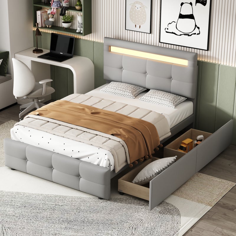 Pojedyncze łóżko 90x200 cm z tkaniny lnianej z diodami LED i 2 szufladami - Szare