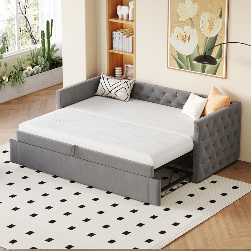 Łóżko tapicerowane z wysuwanym materacem, aksamitne - 90/180x200 cm - z podstawą z listew - Szare