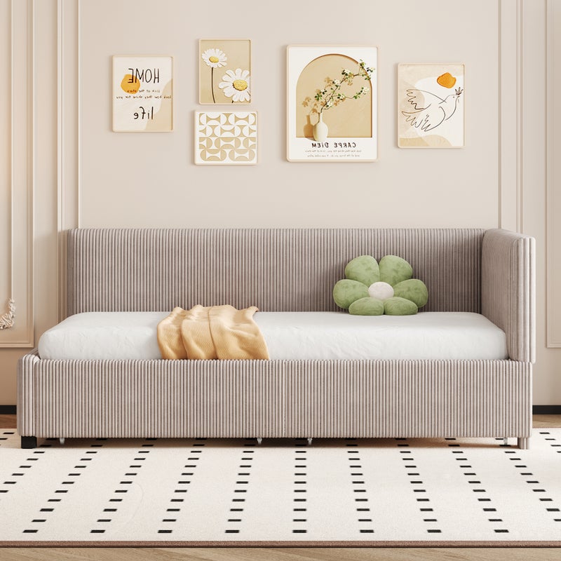 Łóżko tapicerowane 90x200cm z aksamitu - 2 szuflady - z listwową podstawą - Szary