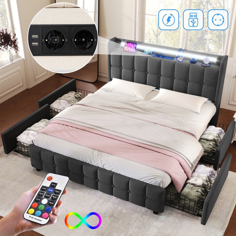 Łóżko tapicerowane-ładowanie USB-zagłówek-oświetlenie LED-4 szuflady-łóżko małżeńskie 160x200 cm-szare-bez materaca