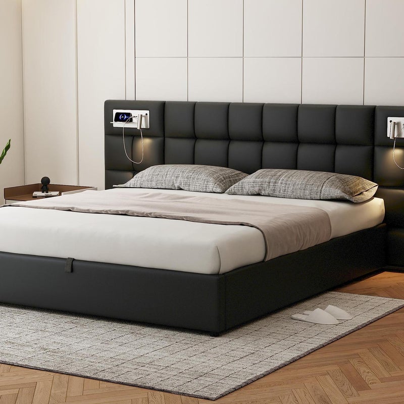 Łóżko skrzyniowe 180x200cm z imitacji skóry - z USB、ładowaniem bezprzewodowym i LED - z listwową podstawą - Czarny