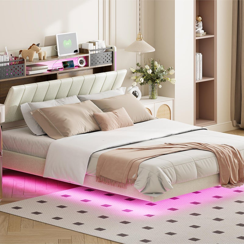 Łóżko 140x200cm z tkaniny lnianej - z wtyczką USB i listwową podstawą - Beżowy