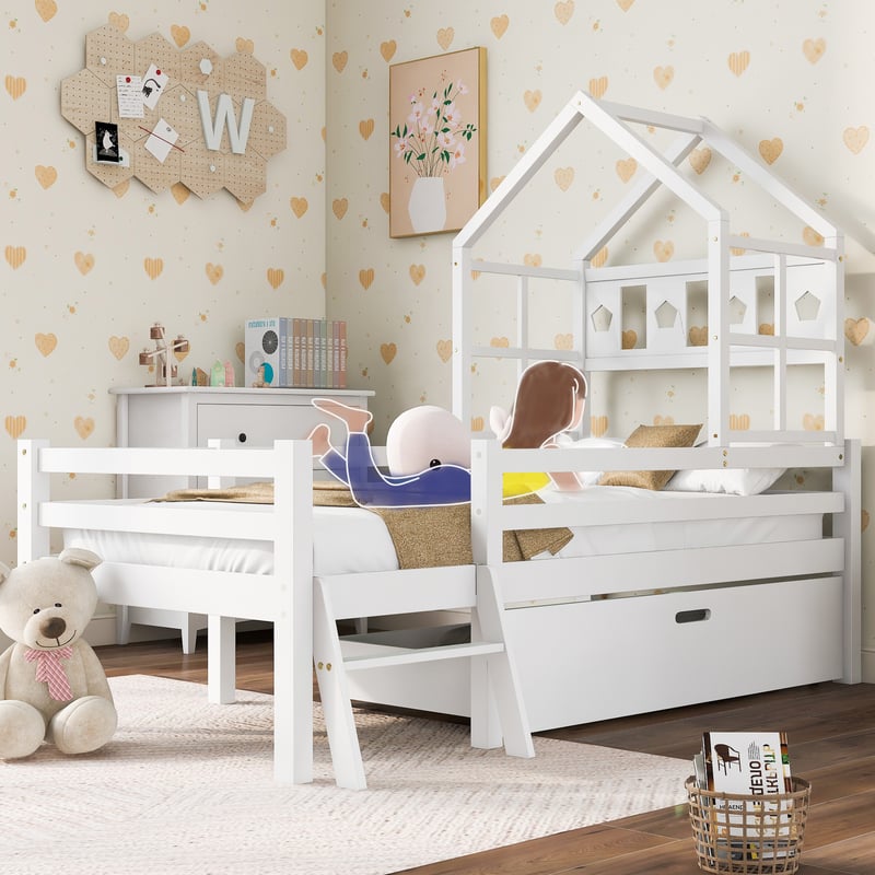 Łóżko kabinowe 90x200cm - lite drewno - z drabinką + szuflady + zabezpieczenie przed upadkiem - Biały