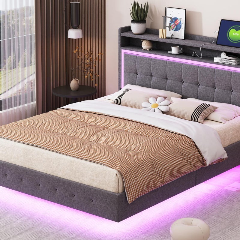 Łóżko tapicerowane 140x200cm w tkaninie lnianej - z wtyczką USB i diodą LED - Szare