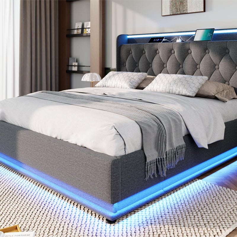 Lniane łóżko skrzyniowe 180x200cm - z diodą LED i wtyczkami USB i Type-C - Szare