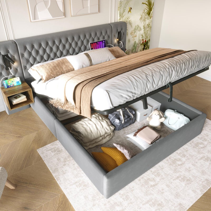 Aksamitne łóżko skrzyniowe 180x200 cm - 2 szafki nocne + 2 lampki do czytania z wtyczką USB - Szare (materac nie wchodzi w skład zestawu)
