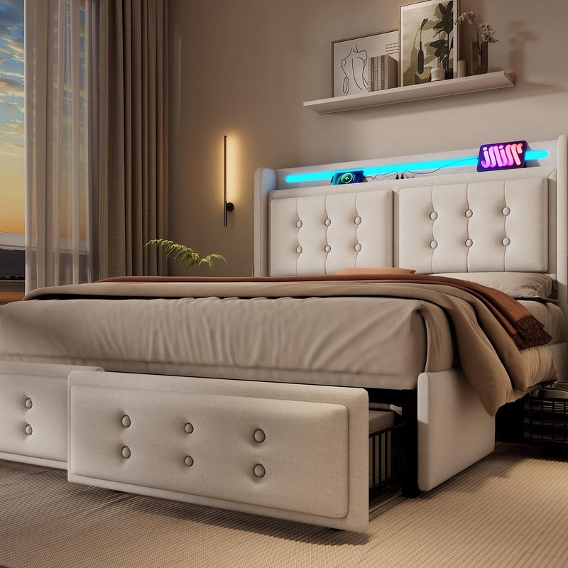 Łóżko dla dorosłych 180x200cm z tkaniny lnianej - z diodami LED i portami ładowania - 4 szuflady - Beżowy