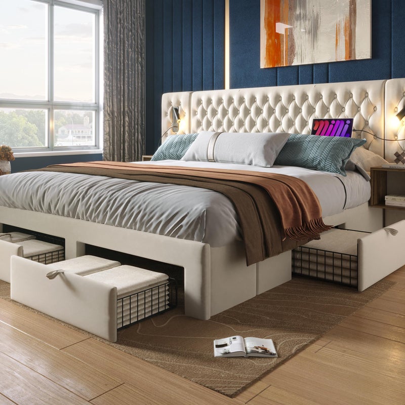 Aksamitne łóżko dla dorosłych 160x200 cm - z 2 szafkami nocnymi i 4 szufladami - 2 lampki do czytania z wtyczką USB - beżowe