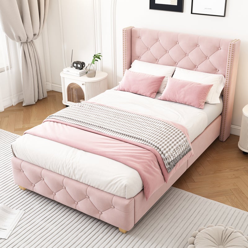 Łóżko 90x200cm tapicerowane aksamitem - z listwową podstawą - Różowe