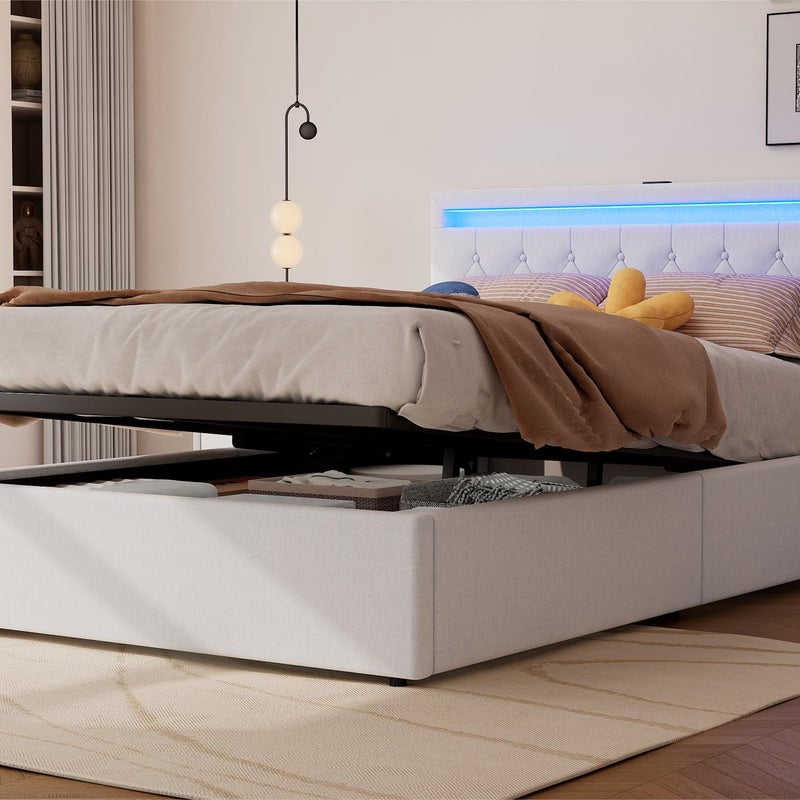 Łóżko skrzyniowe 140x200 cm z tkaniny lnianej z diodami LED - Gniazda USB i Type-C na łóżku - Z listwową podstawą - Biały