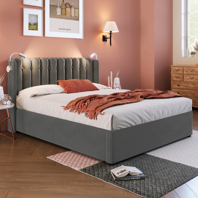 Łóżko tapicerowane z pojemnikiem, oświetleniem LED i portami ładowania USB - 140x200 cm - tkanina welurowa - z podstawą z listew - szare