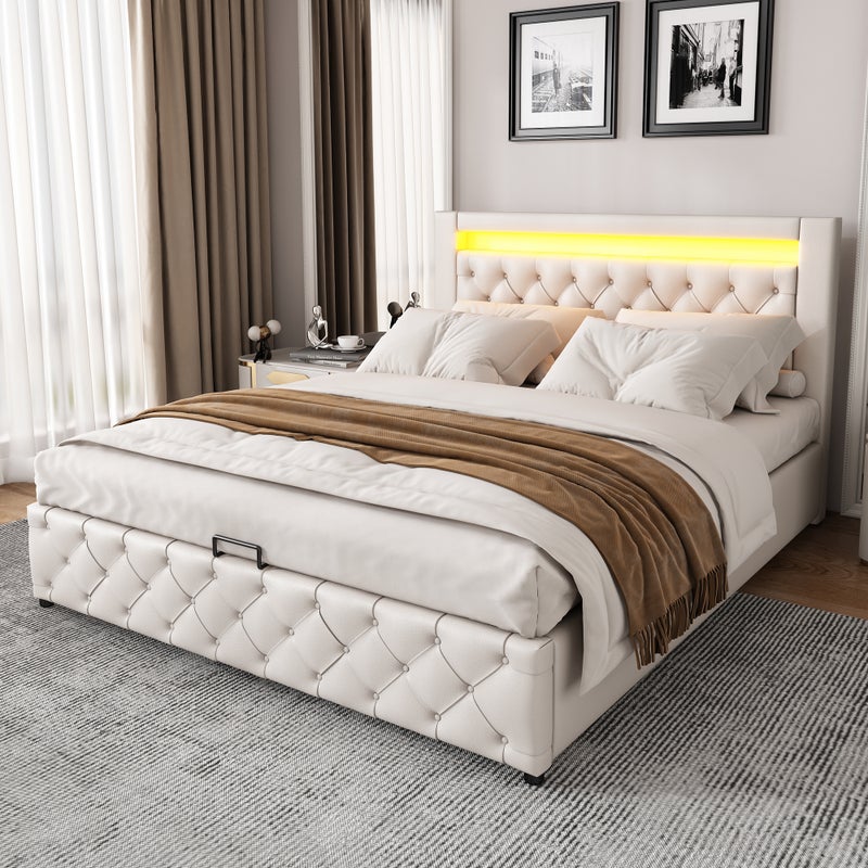 Łóżko tapicerowane z imitacji skóry z diodami LED - 160x200cm - z podstawą z listew - Biały