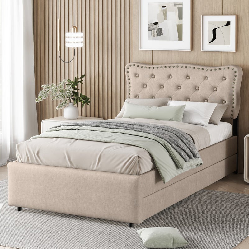 Łóżko tapicerowane w tkaninie lnianej z 2 szufladami - 90x200cm - zagłówek ozdobiony nitami - Taupe