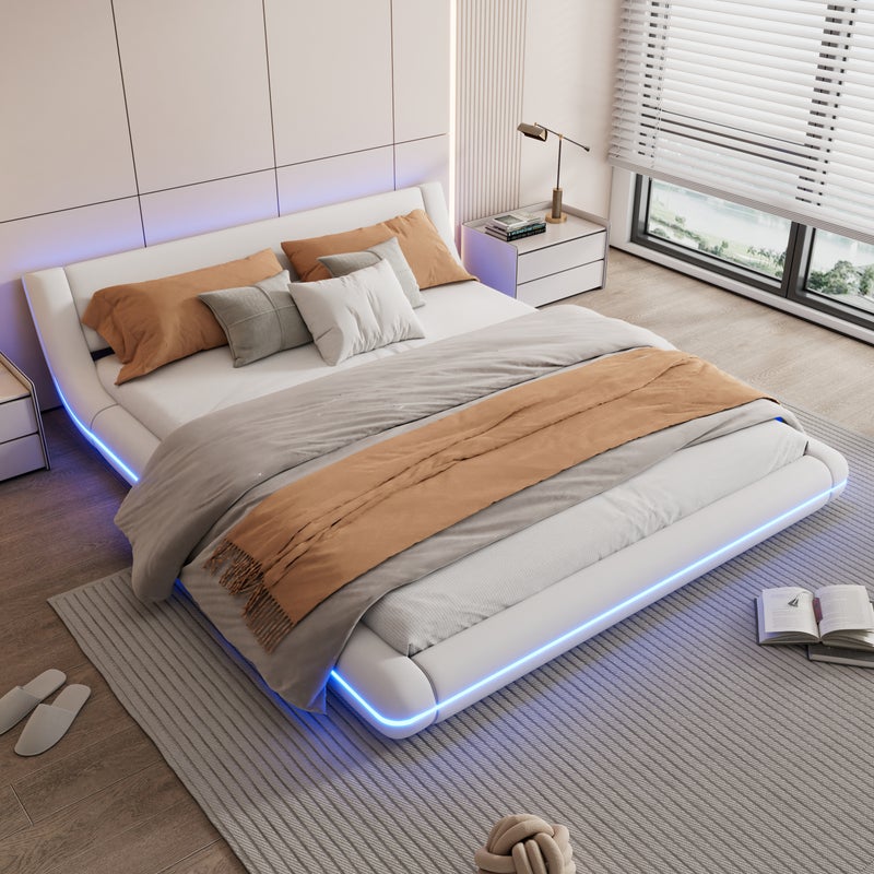 Łóżko podwójne 160x200cm - ze skóry ekologicznej - z diodami LED i pilotem - białe