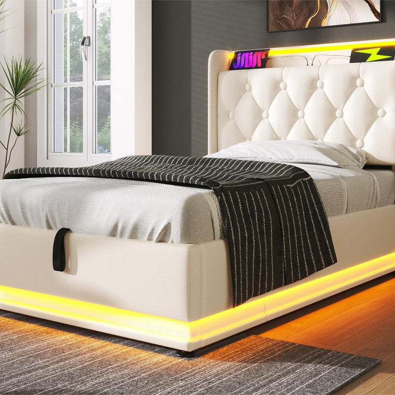 Łóżko skrzyniowe 90x200 cm z imitacji skóry - z diodami LED i gniazdami USB i Type-C - Białe