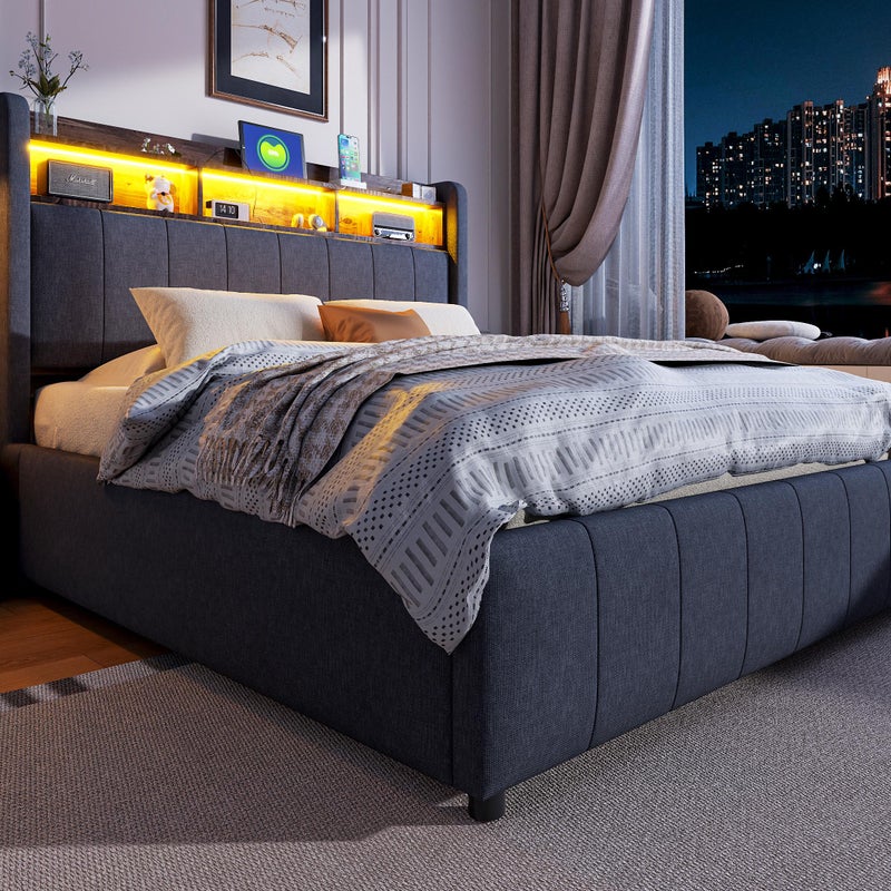 Lniane tapicerowane łóżko do przechowywania 140x200cm - z LED + gniazdka - Szary
