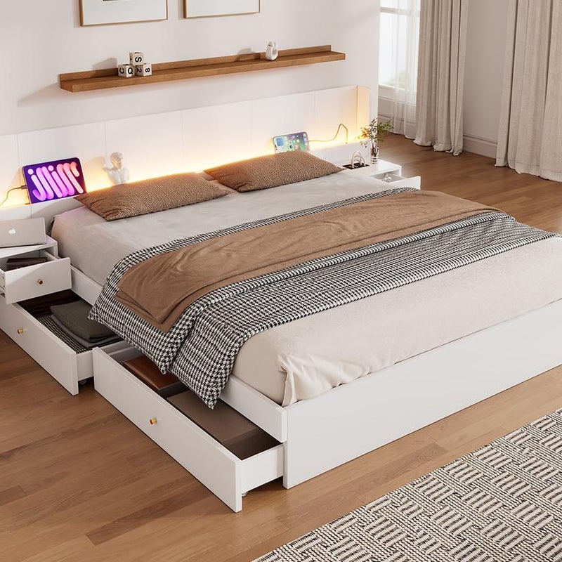 Drewniane łóżko do przechowywania dla dorosłych 180x200 cm - z gniazdami USB i LED - 2 szafki nocne i 2 szuflady - Biały