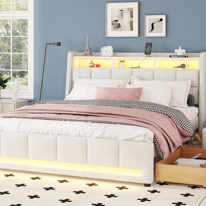 Łóżko podwójne 140x200cm lniana tkanina - z 2 szufladami + LED + wtyczka USB - Beżowy