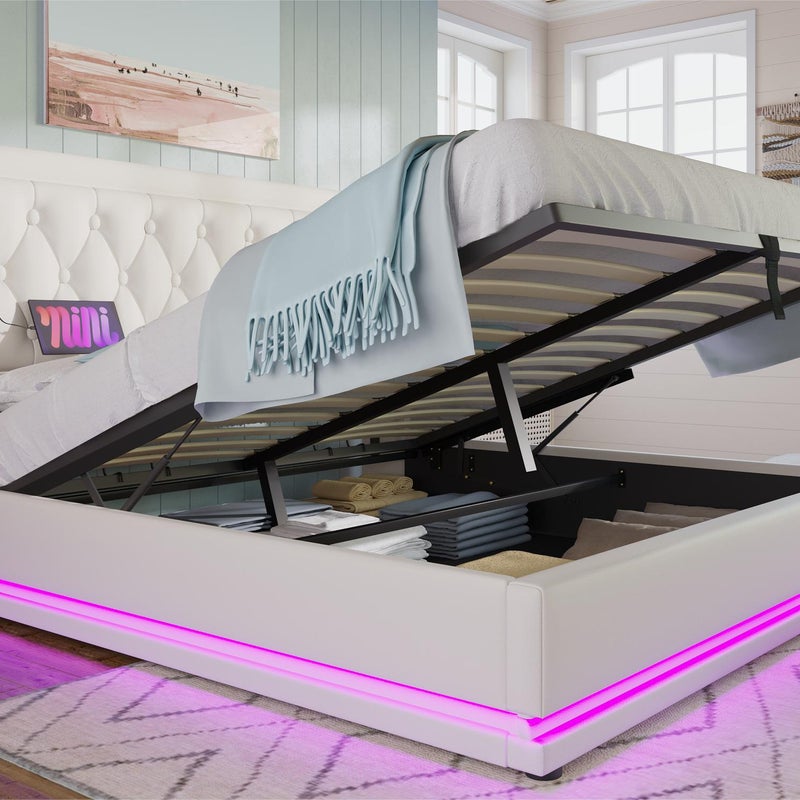 Tapicerowane łóżko skrzyniowe 160 x 200 cm z imitacji skóry - z funkcją ładowania i diodą LED na podnóżku - Biały
