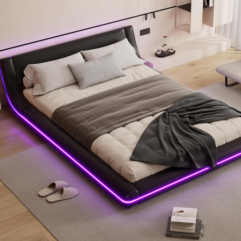 Łóżko dla dorosłych 140x200cm z LED - Skóra PU - Czarny