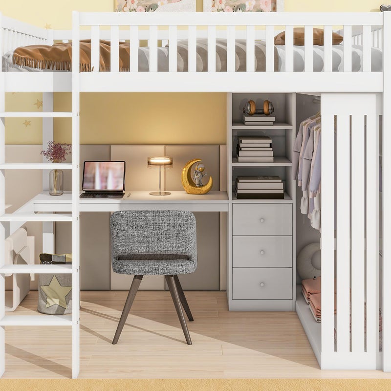 Drewniane łóżko loftowe 140x200 cm - z biurkiem i szafą - Białe
