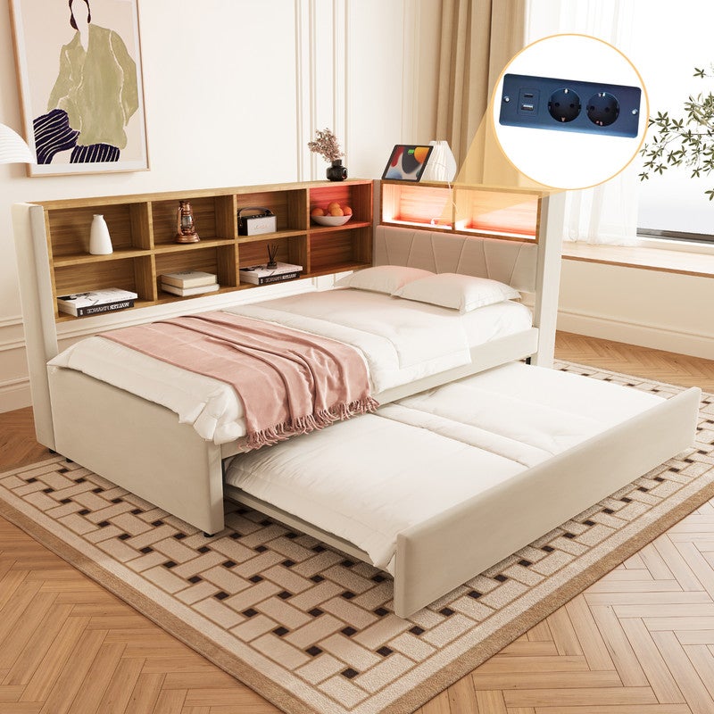 Sofa rozkładana 90x200 - z łóżkiem wysuwanym 90x190 cm - z wtyczką USB - dużo miejsca do przechowywania - łóżko tapicerowane - beżowy