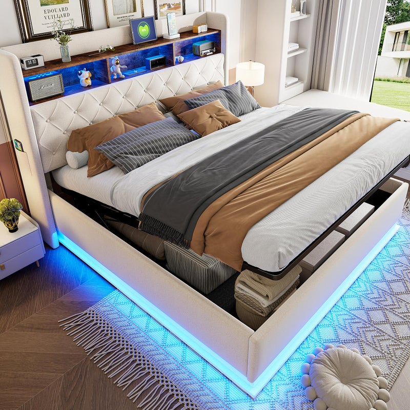 Lniane łóżko skrzyniowe 180x200 cm - z diodami LED i wtyczkami USB - beżowe