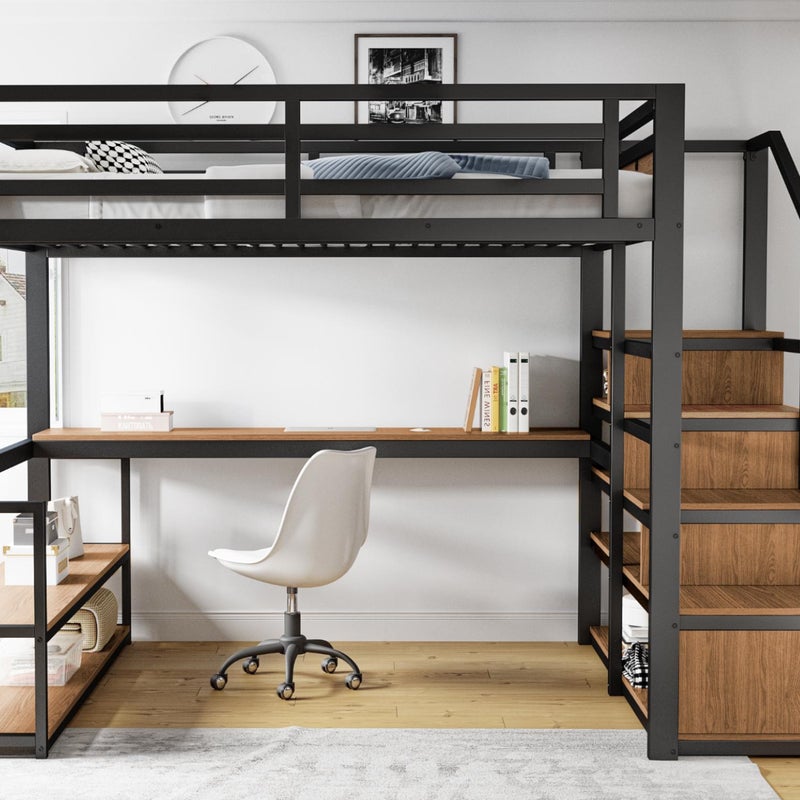 Metalowe łóżko loftowe 140x200 cm - z drabinką i biurkiem - Czarne