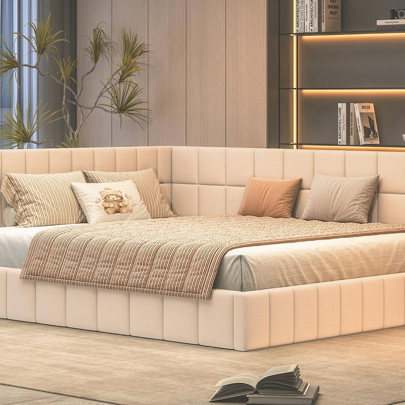 Łóżko dla dorosłych 160x200cm z aksamitu z ogrodzeniem i podstawą z listew - Beżowy