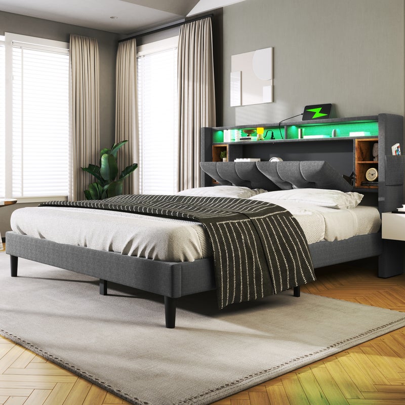 Łóżko podwójne tapicerowane 1160x200cm w pościeli z LED i portem USB do ładowania - podstawa z listew - Szary