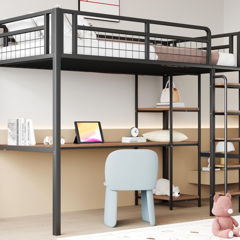 Metalowe łóżko loftowe 90x200 cm - z biurkiem i drabinką zabezpieczającą - Czarne