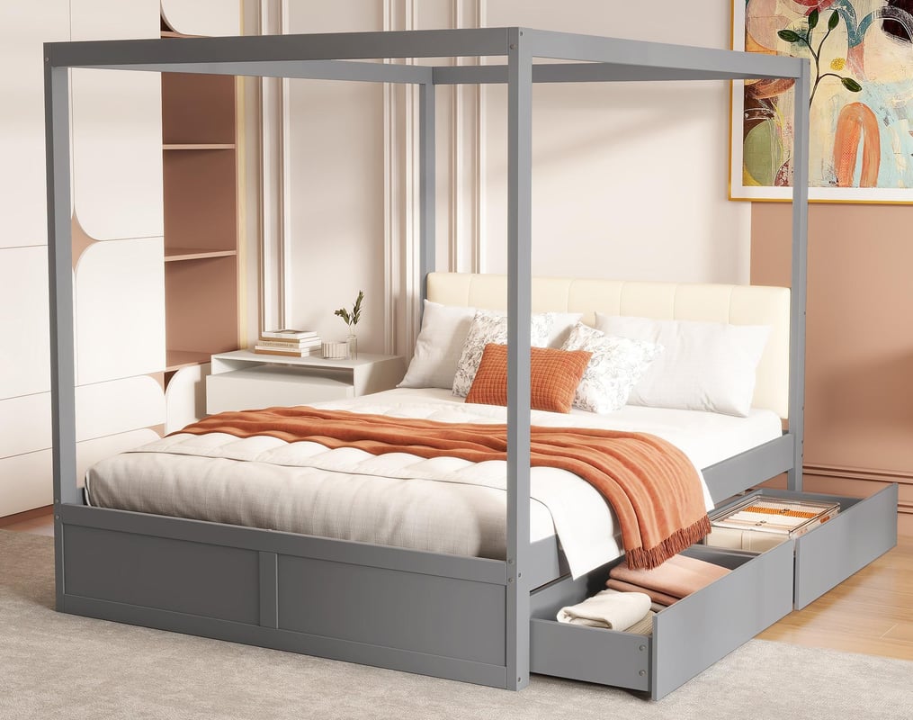 Drewniane łóżko z baldachimem 140x200cm - z tapicerowanym zagłówkiem i 2 szufladami - Szare