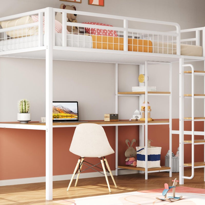 Metalowe łóżko loftowe 90x200 cm - z biurkiem i drabinką zabezpieczającą - Białe